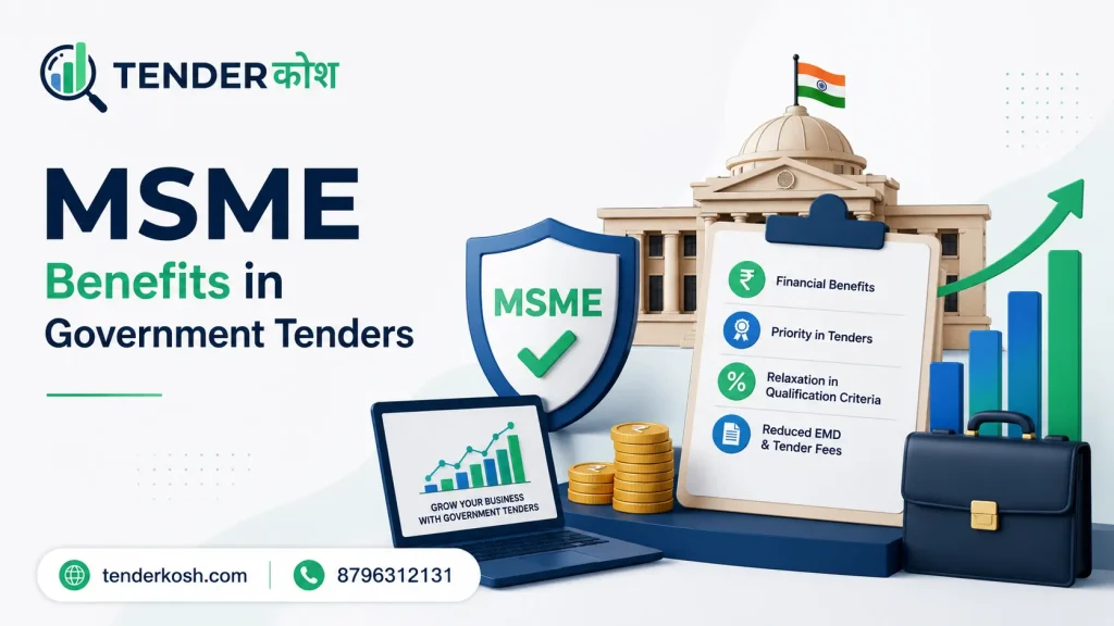 MSME benefits in government tenders with TenderKosh branding, financial advantages, reduced tender fees, priority in bidding, and business growth opportunities
