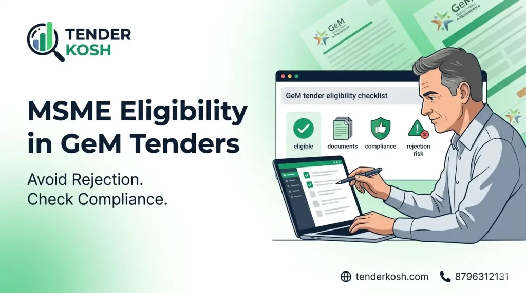 Alt Text: MSME Eligibility and Rejection in GeM Tenders guide by TenderKosh showing compliance checklist for small businesses.