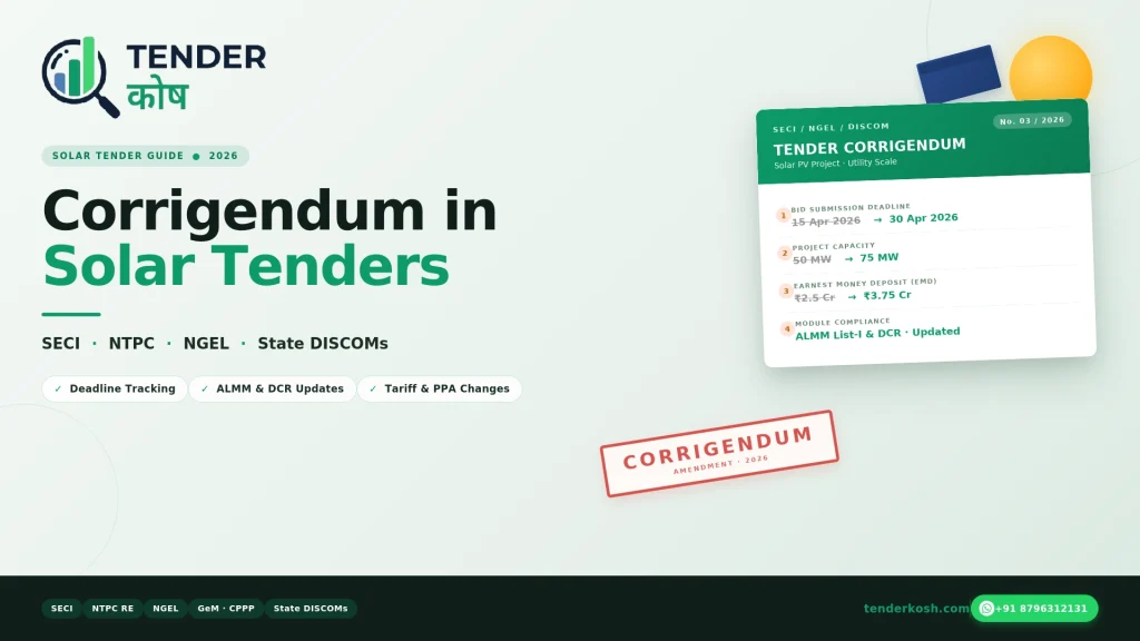 Corrigendum in Solar Tenders 2026 — SECI, NTPC, NGEL and State DISCOM amendments guide by TenderKosh