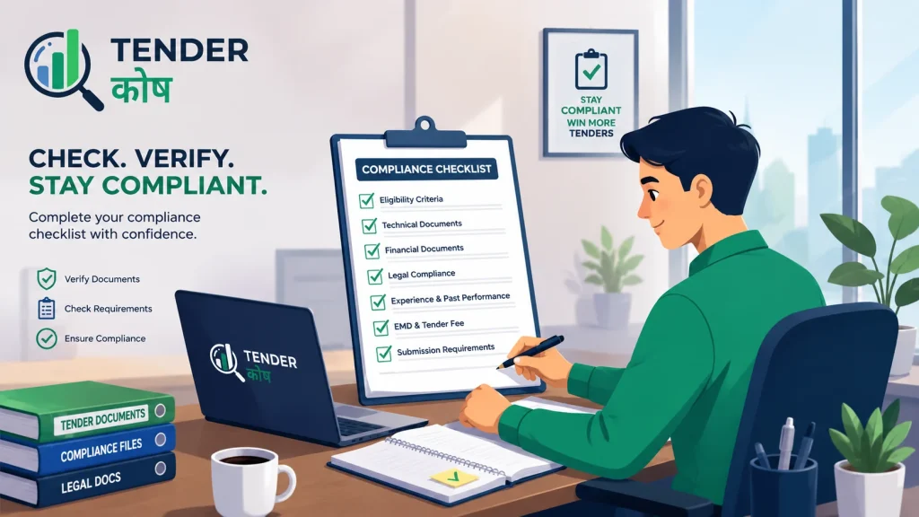 Animated illustration of a professional sitting at a modern office desk, reviewing and completing a tender compliance checklist on a clipboard. A laptop displaying the Tender कोष logo, organized documents, office supplies, and a clean corporate workspace emphasize the bid verification process.